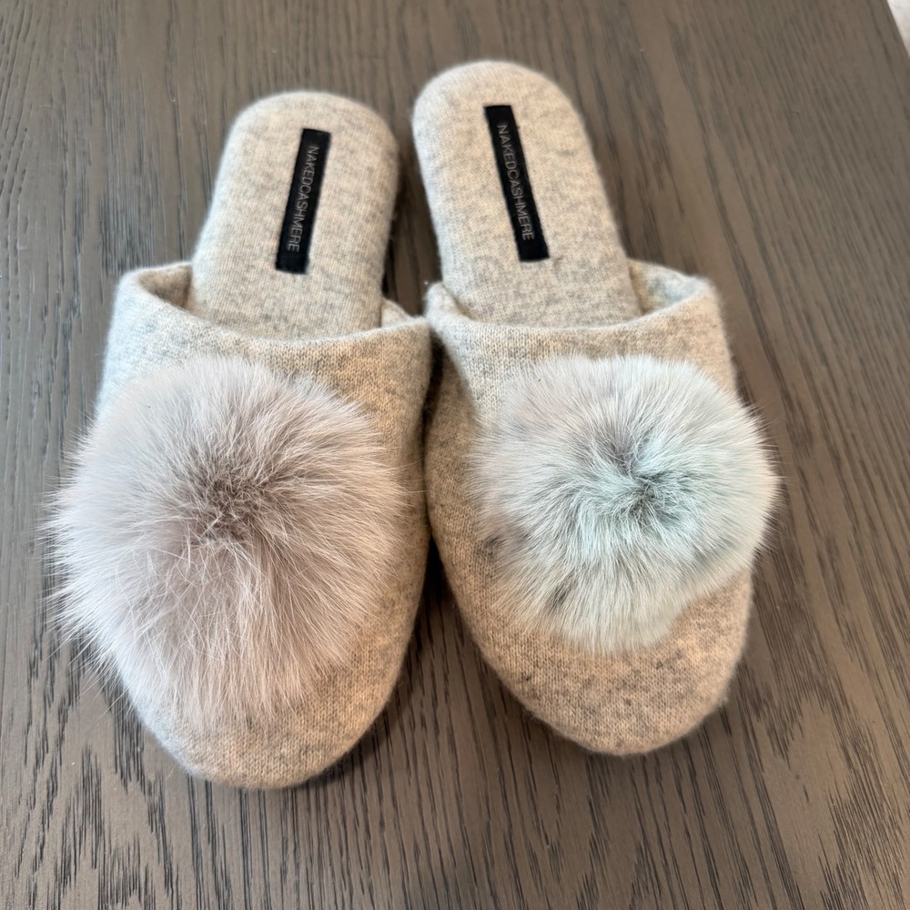 Naked Cashmere Women Grey Cashmere Fox Fur Pompom Mule Slippers L/XL